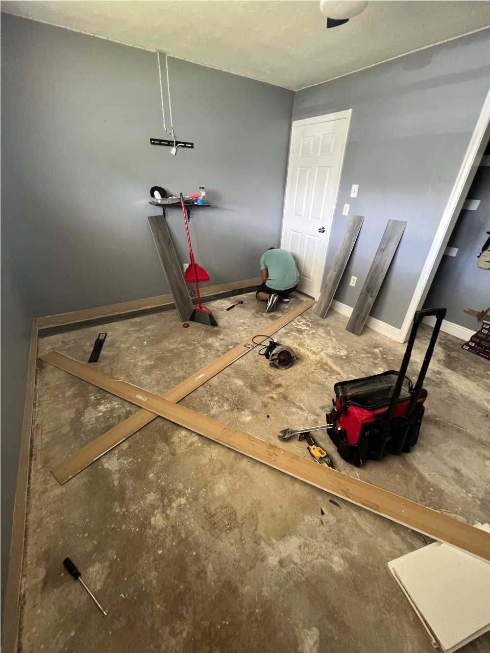 Interior home renovation in progress with framing and demolition work