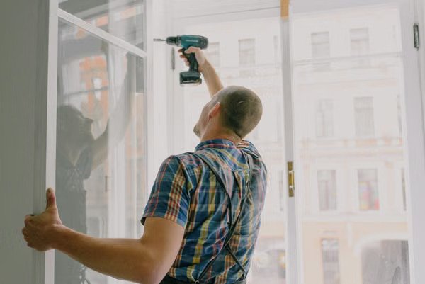 Handyman using a drill to install a window frame