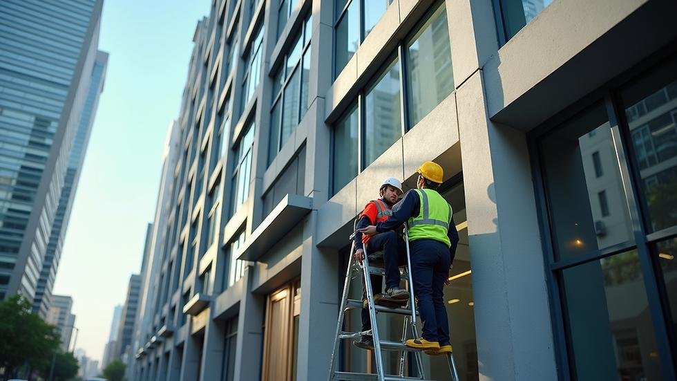 Worker on a ladder servicing the exterior of a commercial building